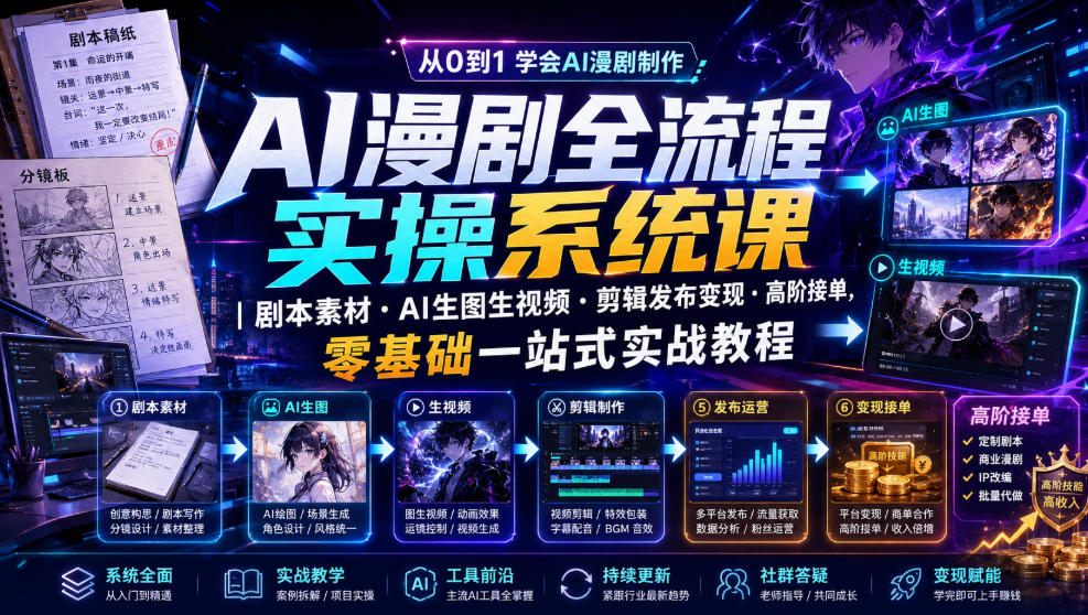 AI漫剧全流程实操系统课|剧本素材・AI生图生视频・剪辑发布变现・高阶接单,零基础一站式实战教程-多课资源站