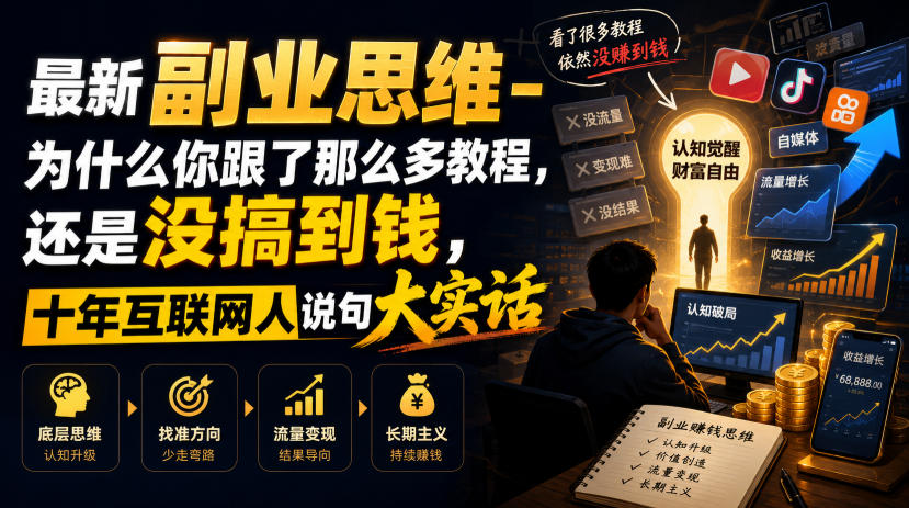 最新副业思维-为什么你跟了那么多教程,还是没搞到钱,十年互联网人说句大实话【揭秘】-多课资源站