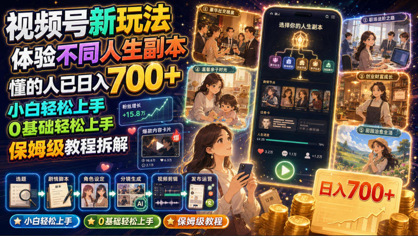 视频号新玩法体验不同人生副本,懂的人已日入700+,小白轻松上手,0基础轻松上手,保姆级教程拆解-多课资源站