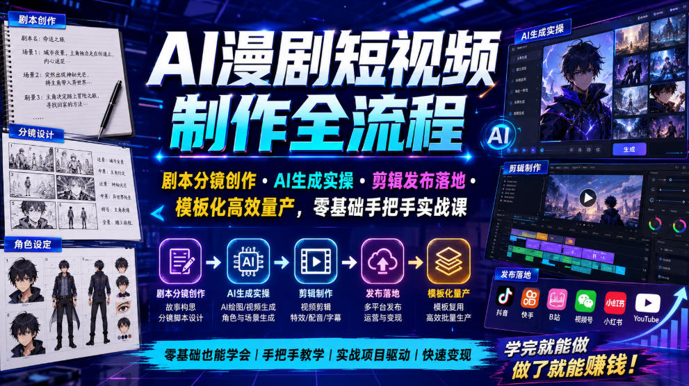 AI漫剧短视频制作全流程|剧本分镜创作・AI生成实操・剪辑发布落地・模板化高效量产,零基础手把手实战课-多课资源站