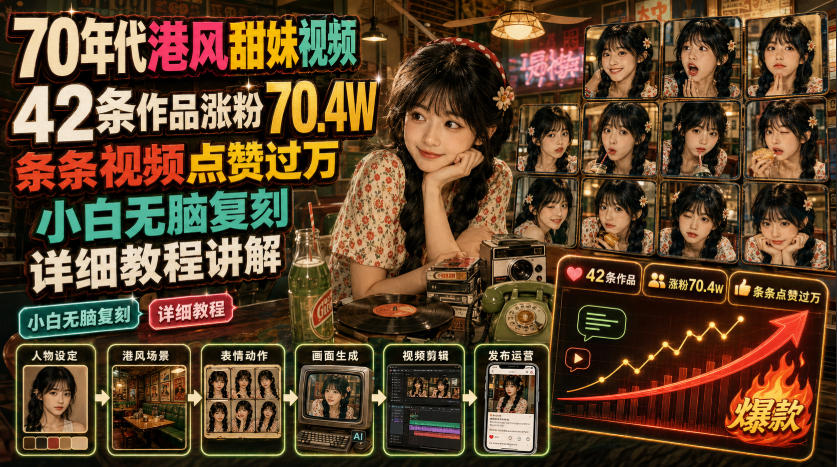 70年代港风甜妹视频，42条作品涨粉70.4W，条条视频点赞过万，小白无脑复刻，详细教程讲解-情久项目网