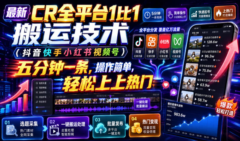 最新CR全平台1比1搬运技术（抖音快手小红书视频号）五分钟分钟一条，操作简单，轻松上热门（教程+软件+参数）-情久项目网