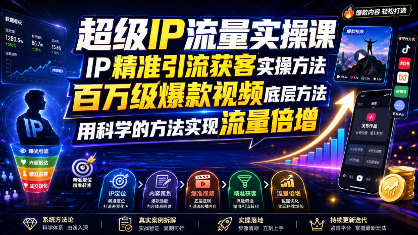 超级IP流量实操课，IP精准引流获客实操方法，百万级爆款视频底层方法，用科学的方法实现流量倍增-情久项目网