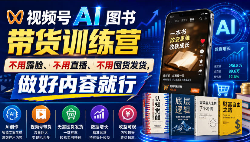 视频号AI图书带货训练营，不用露脸、不用直播、不用囤货发货，做好内容就行，一条爆款视频佣金8942-邪修侠 - 演示