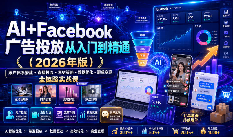 AI+Facebook广告投放从入门到精通（2026年版）｜账户体系搭建・直播投流・素材策略・数据优化・聊单变现全链路实战课-小白项目网