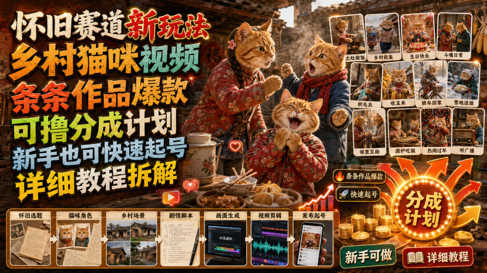 怀旧赛道新玩法，乡村猫咪视频，条条作品爆款，可撸分成计划，新手也可快速起号，详细教程拆解-怪兽网创俱乐部