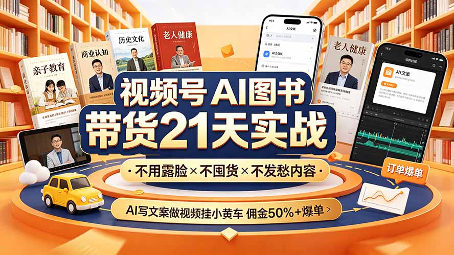 视频号AI图书带货21天实战：不用露脸×不囤货×不发愁内容，AI写文案做视频挂小黄车，佣金50%+爆单-怪兽网创俱乐部