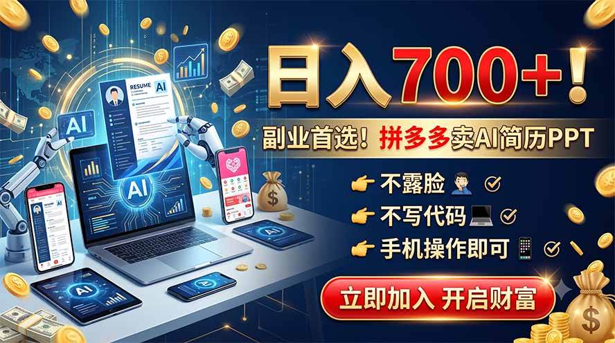 （19490期）拼多多卖AI简历PPT，不露脸不写代码，手机操作日入700+，副业首选！-小栈博客测试网