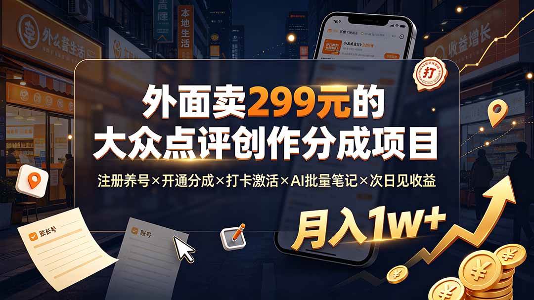 （19488期）外面卖299元的大众点评创作分成项目：注册养号×开通分成×打卡激活×AI批量笔记×次日见收益，月入1w+-小栈博客测试网