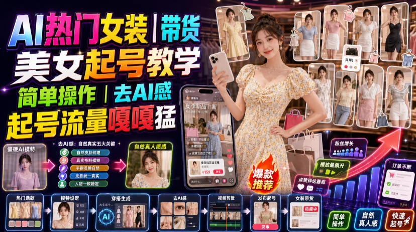 AI热门女装带货丨美女起号教学，简单操作，去AI感，起号流量嘎嘎猛-邪修侠 - 演示
