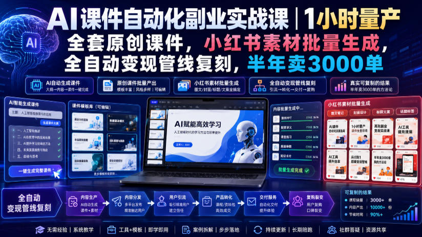 AI课件自动化副业实战课|1小时量产全套原创课件,小红书素材批量生成,全自动变现管线复刻,半年卖3000单-邪修侠 - 演示