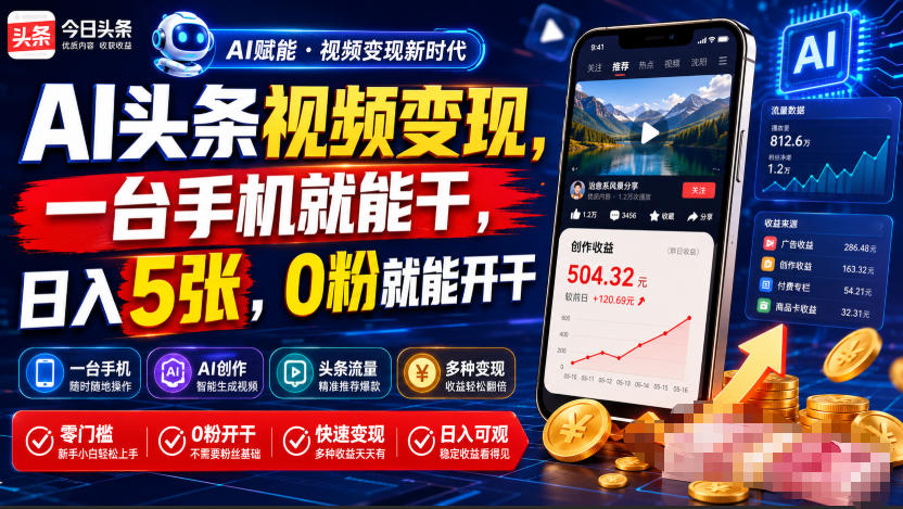 AI头条视频变现，一台手机就能干，日入5张，0粉就能开干-邪修侠 - 演示