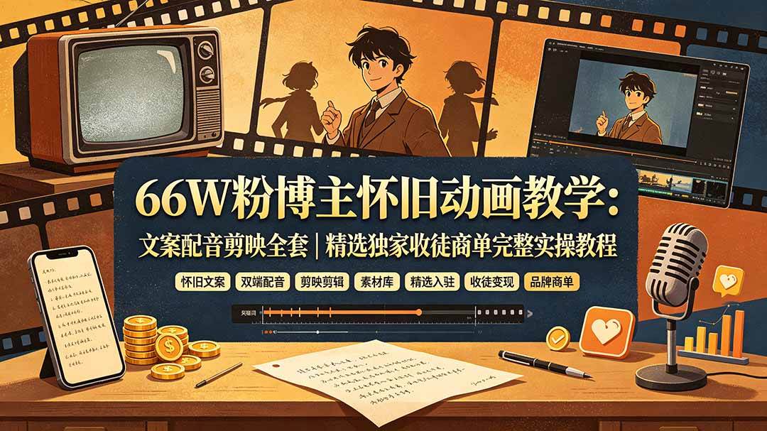 （19499期）66W粉博主怀旧动画教学：文案配音剪映全套｜精选独家收徒商单完整实操教程-小栈博客测试网