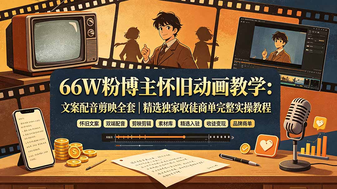 66W粉博主怀旧动画教学：文案配音剪映全套｜精选独家收徒商单完整实操教程-多课资源站
