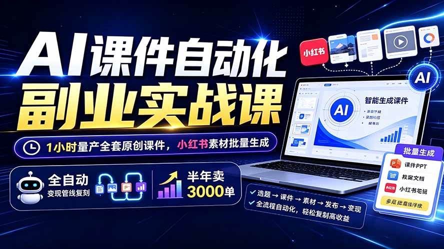 （19518期）AI课件自动化副业实战课：1小时量产全套原创课件×小红书素材批量生成×全自动变现管线×半年卖3000单-小栈博客测试网