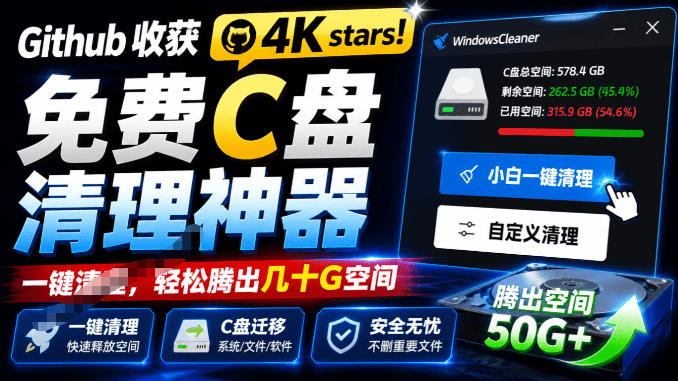 Github收获4K stars！免费C盘清理神器，轻松腾出几十G空间，支持C盘迁移Windows Cleaner-邪修侠 - 演示