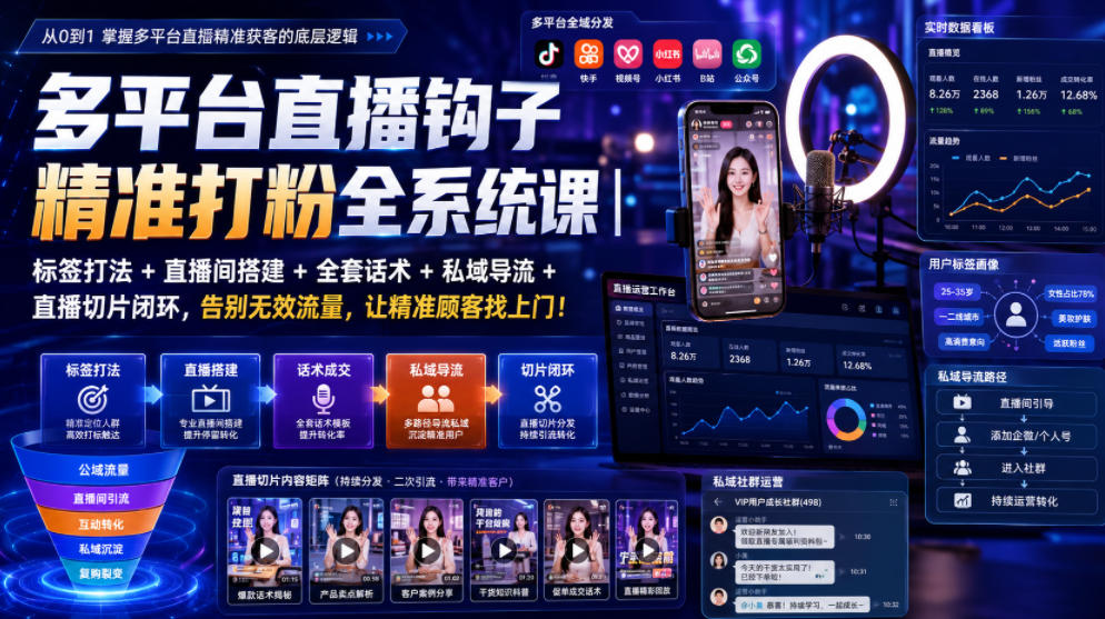 多平台直播钩子精准打粉全系统课｜标签打法+直播间搭建+全套话术+私域导流+直播切片闭环，告别无效流量，让精准顾客找上门！-邪修侠 - 演示