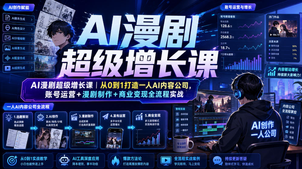 AI漫剧超级增长课｜从0到1打造一人AI内容公司，账号运营+漫剧制作+商业变现全流程实战-小白项目网