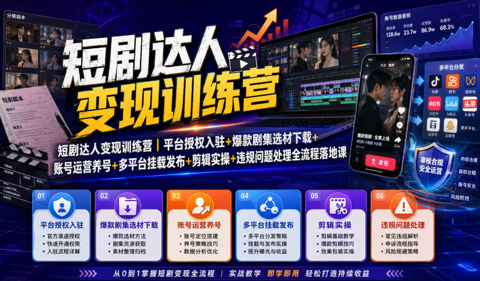 短剧达人变现训练营｜平台授权入驻+爆款剧集选材下载+账号运营养号+多平台挂载发布+剪辑实操+违规问题处理全流程落地课-小白项目网