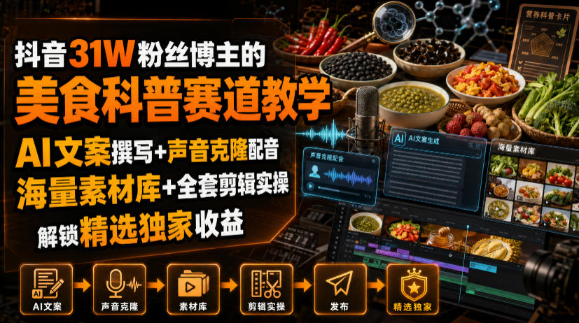 抖音31W粉丝博主的美食科普赛道教学，AI文案撰写+声音克隆配音+剪辑实操，解锁精选独家收益-邪修侠 - 演示
