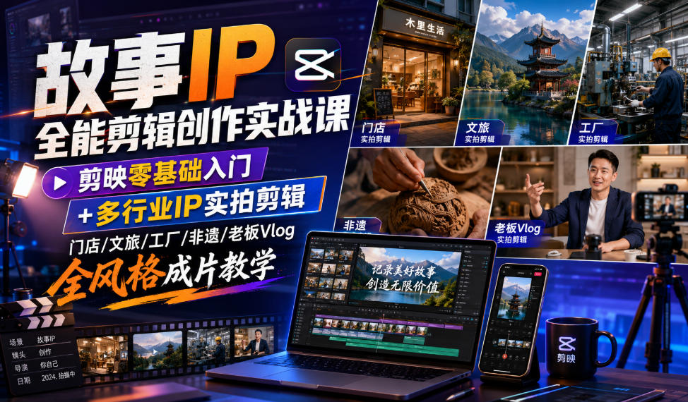 故事IP全能剪辑创作实战课｜剪映零基础入门+多行业IP实拍剪辑，门店/文旅/工厂/非遗/老板Vlog全风格成片教学-邪修侠 - 演示