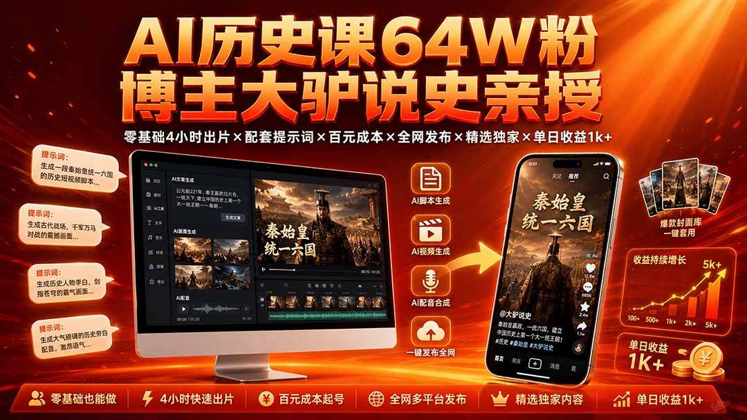 （19557期）AI历史课64W粉博主大驴说史亲授：零基础4小时出片×配套提示词×百元成本×全网发布×精选独家×单日收益1k+-小栈博客测试网