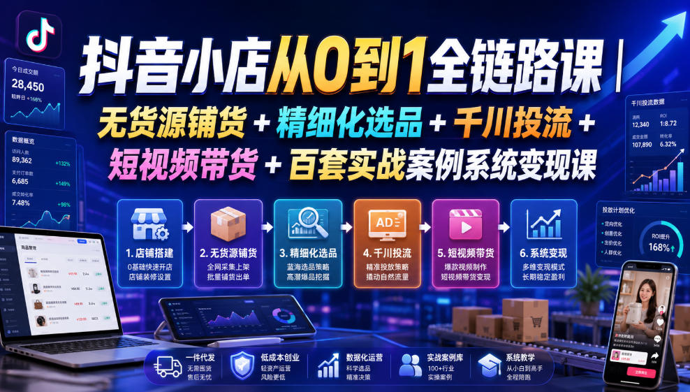 抖音小店从0到1全链路课|无货源铺货+精细化选品+千川投流+短视频带货+百套实战案例系统变现课(2026年7月更新)-邪修侠 - 演示