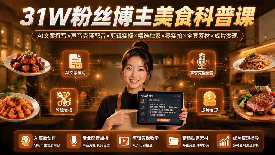(19558期)31W粉丝博主美食科普课:AI文案撰写×声音克隆配音×剪辑实操×精选独家×零实拍×全套素材×成片变现 (19558期)31W粉丝博主美食科普课:AI文案撰写×声音克隆配音×剪辑实操×精选独家×零实拍×全套素材×成片变现