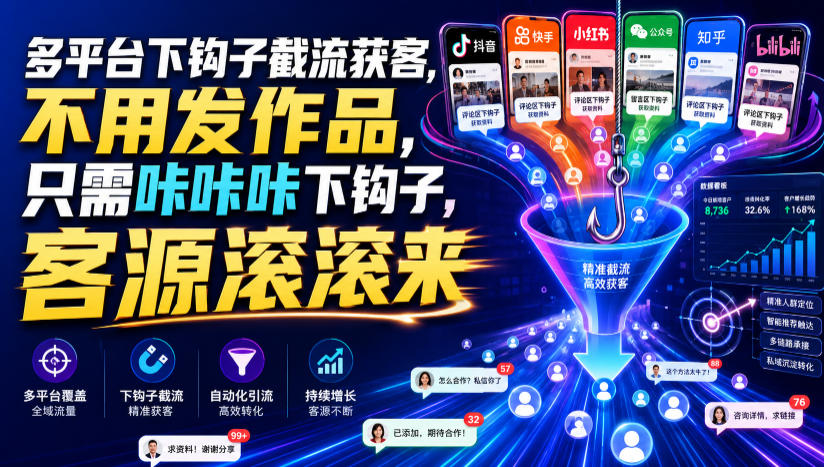 多平台下钩子截流获客，不用发作品，只需咔咔咔下钩子，客源滚滚来-邪修侠 - 演示