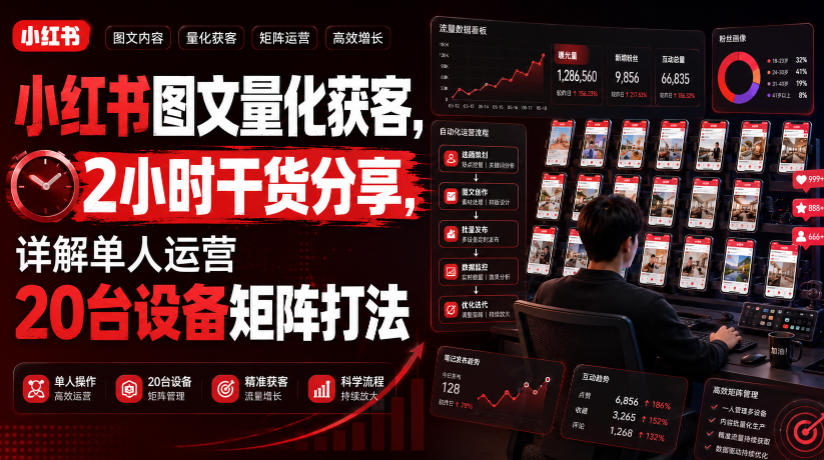 小红书图文量化获客，2小时干货分享，详解单人运营20台设备矩阵打法-多课资源站