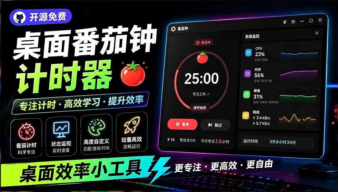 （19564期）仅1.16MB，开源极简的桌面时钟、番茄钟计时器，还支持系统监控显示，桌面效率小工具 Catime-小栈博客测试网