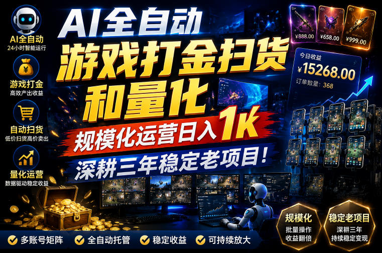 AI全自动游戏打金扫货和量化，规模化运营日入1k，深耕三年稳定老项目！【揭秘】-情久项目网