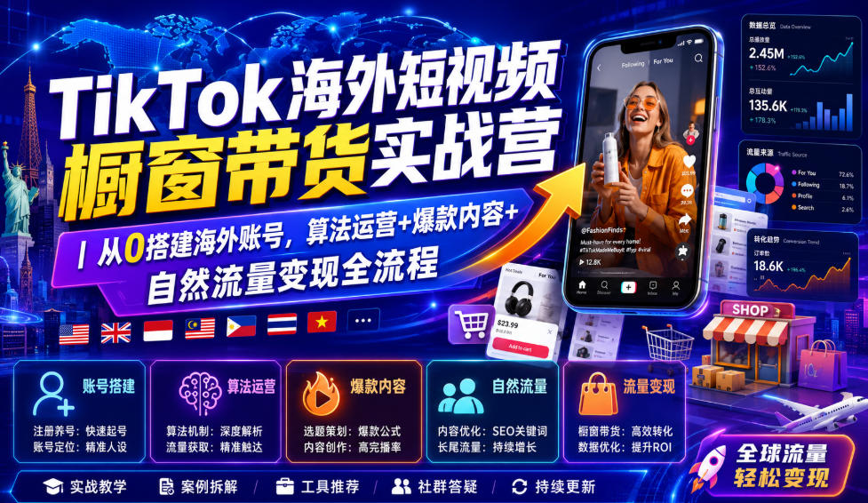 TikTok海外短视频橱窗带货实战营｜从0搭建海外账号，算法运营+爆款内容+自然流量变现全流程-邪修侠 - 演示