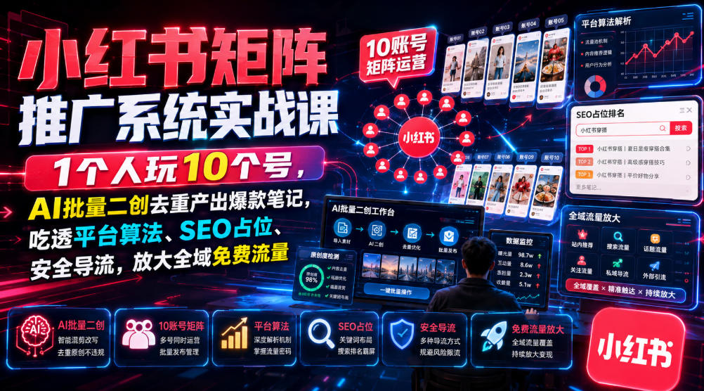 小红书矩阵推广系统实战课｜1个人玩10个号，AI批量二创去重产出爆款笔记，吃透平台算法、SEO占位、安全导流，放大全域免费流量-邪修侠 - 演示
