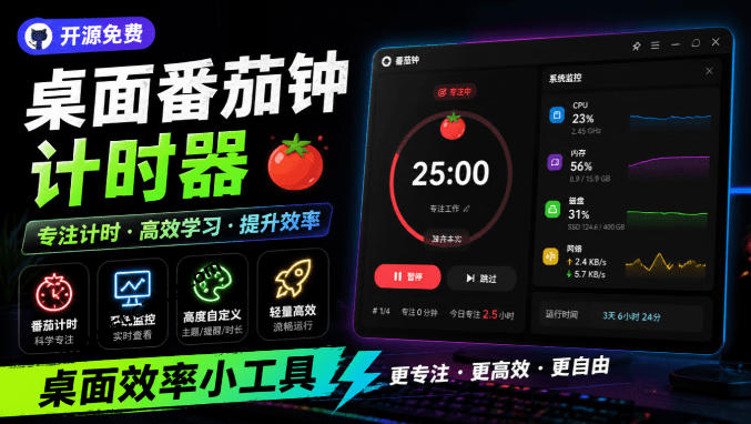 仅1.16MB，开源极简的桌面时钟、番茄钟计时器，还支持系统监控显示，桌面效率小工具Catime-邪修侠 - 演示