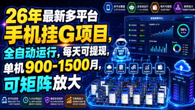 26年最新多平台手机挂G项目，全自动运行，每天可提现，单机900-1500月，可矩阵放大【揭秘】-怪兽网创俱乐部