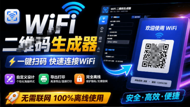 完全离线使用！WiFi二维码生成器，一键扫码快速连接WiFi，支持自定义风格导出WiFi二维码生成器-邪修侠 - 演示