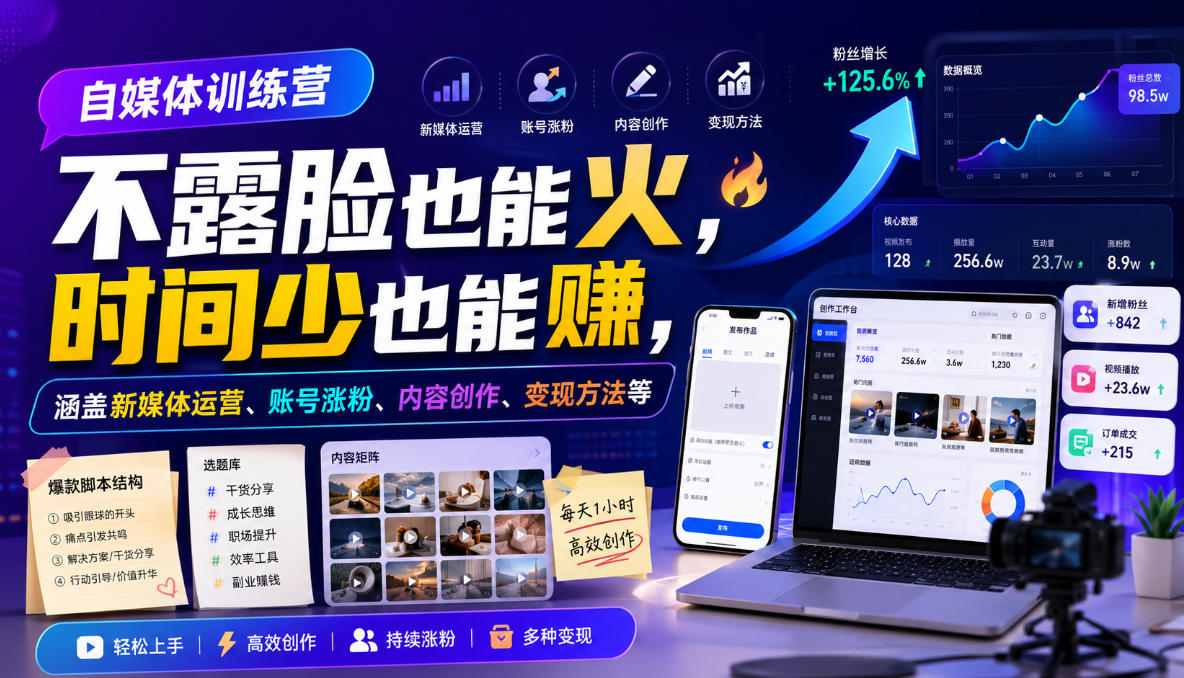 自媒体训练营，不露脸也能火，时间少也能賺，涵盖新媒体运营、账号涨粉、内容创作、变现方法等-小白项目网