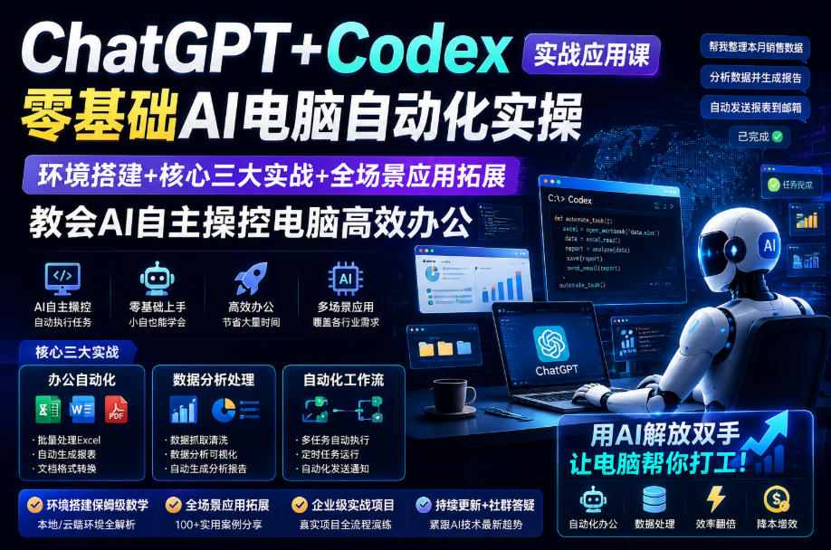 ChatGPT+Codex实战应用课｜零基础AI电脑自动化实操，环境搭建+核心三大实战+全场景应用拓展，教会AI自主操控电脑高效办公-邪修侠 - 演示