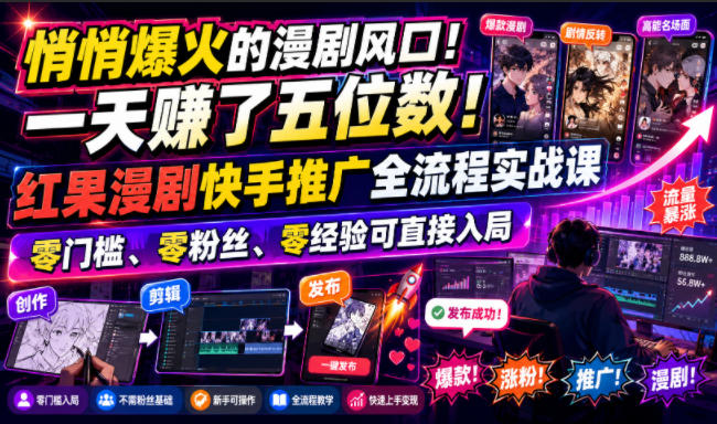 悄悄爆火的漫剧风口！一天賺了五位数！红果漫剧快手推广全流程实战课，零门槛、零粉丝、零经验可直接入局-邪修侠 - 演示