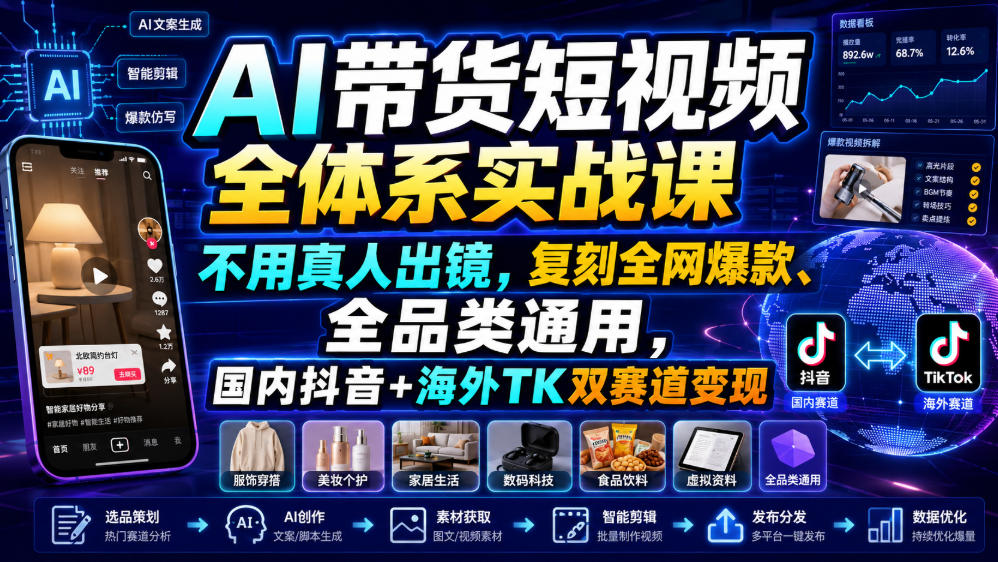 AI带货短视频全体系实战课，不用真人出镜，复刻全网爆款、全品类通用，国内抖音+海外TK双赛道变现-怪兽网创俱乐部