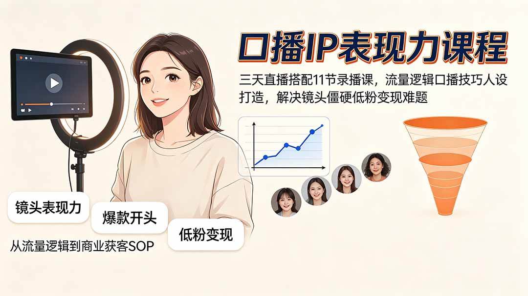 (19604期)口播IP表现力课程|三天直播搭配11节录播课,流量逻辑口播技巧人设打造,解决镜头僵硬低粉变现难题-小栈博客测试网