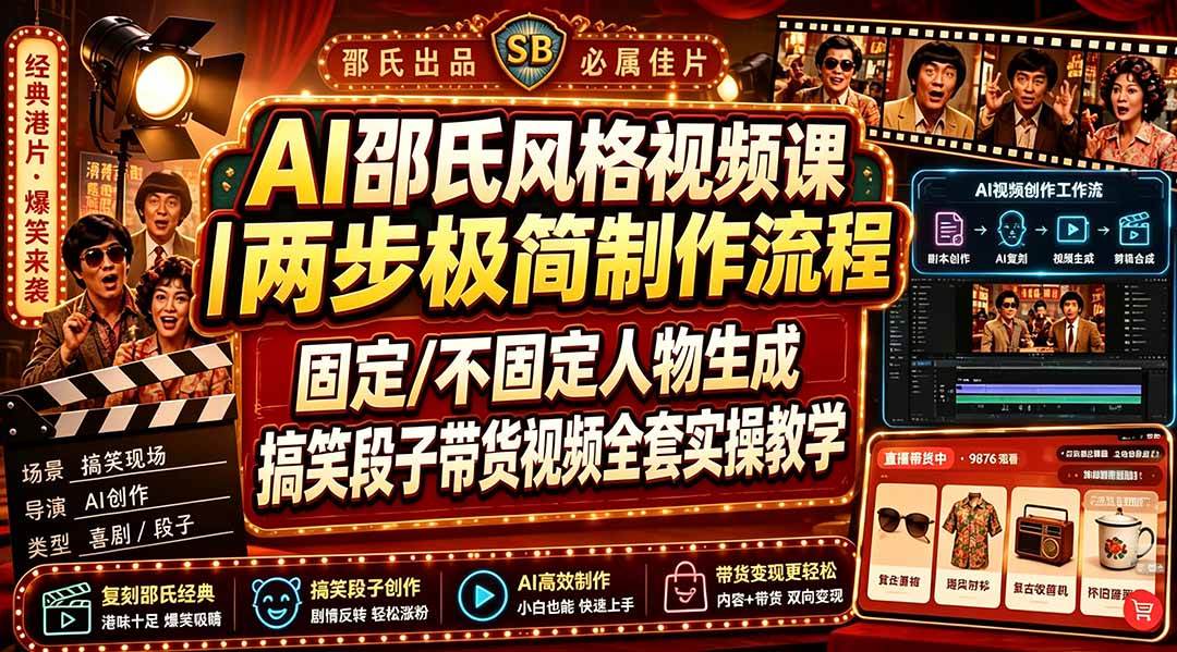(19602期)AI邵氏风格视频课|两步极简制作流程,固定/不固定人物生成,搞笑段子带货视频全套实操教学-小栈博客测试网