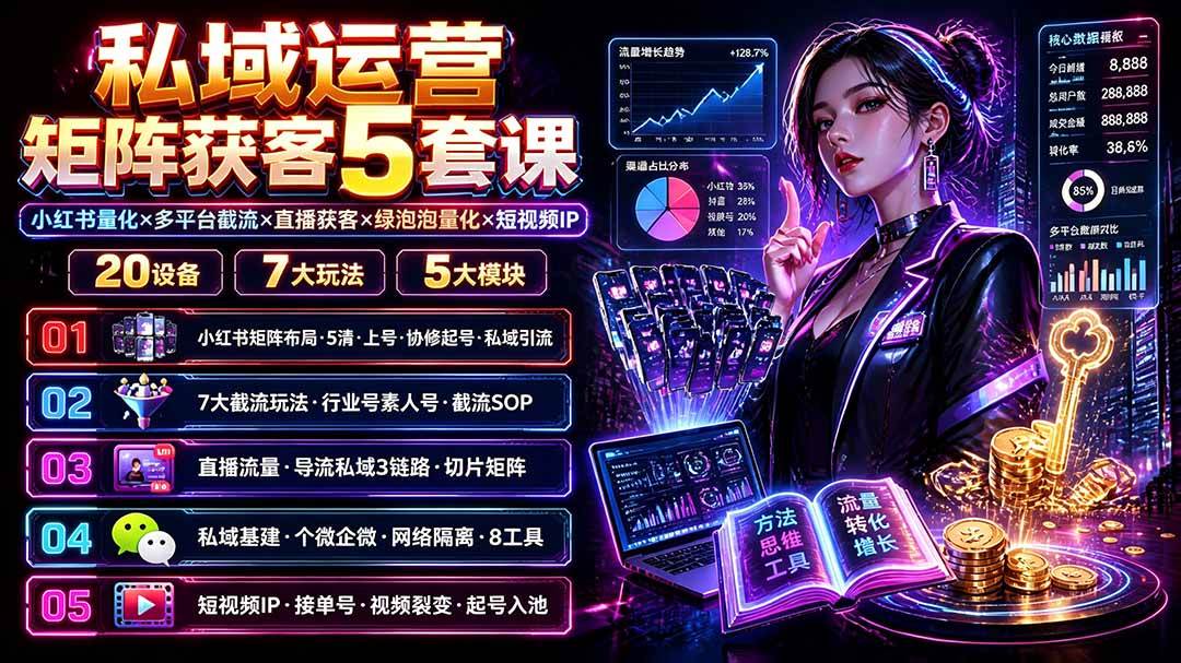 (19617期)私域运营矩阵获客5套课:小红书量化×多平台截流×直播获客×绿泡泡量化×短视频IP×20设备×7大玩法-小栈博客测试网