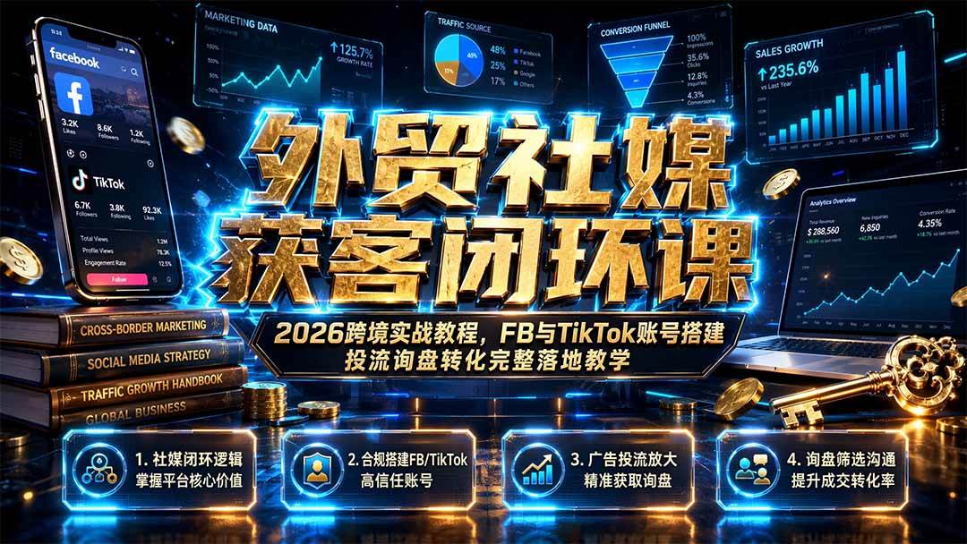 (19611期)外贸社媒获客闭环课|2026跨境实战教程,FB与TikTok账号搭建投流询盘转化完整落地教学-小栈博客测试网