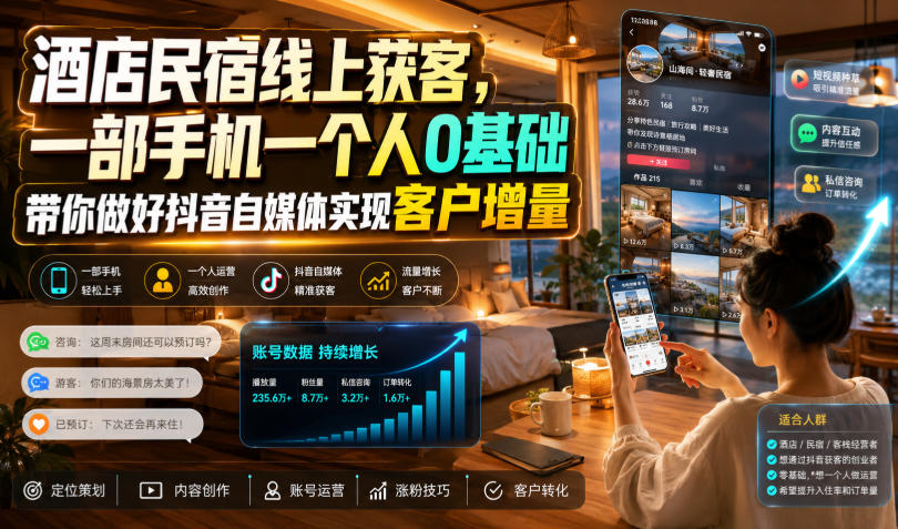 酒店民宿线上获客，一部手机一个人0基础带你做好抖音自媒体实现客户增量-怪兽网创俱乐部