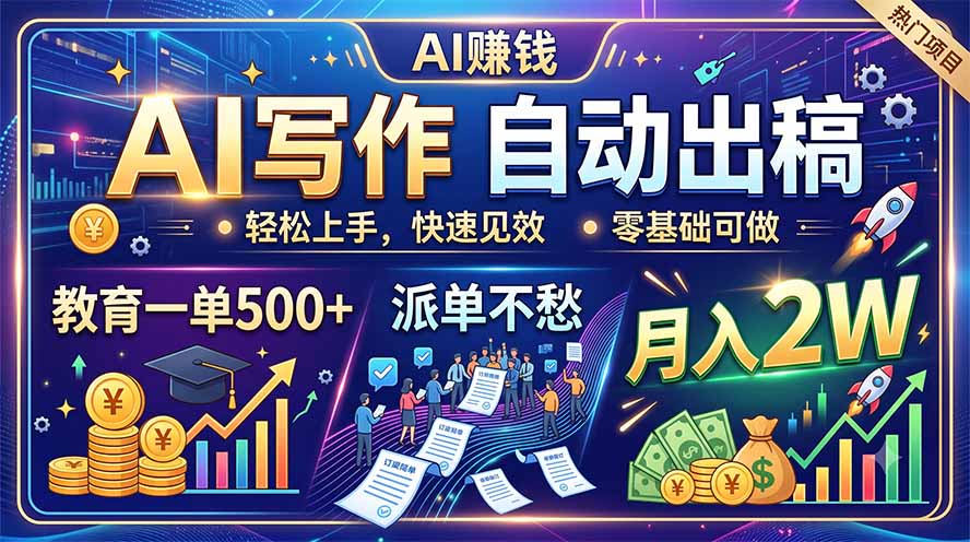 AI写作自动出稿，教育一单500+，派单不愁，月入2W-怪兽网创俱乐部