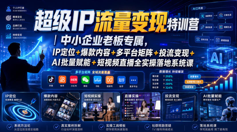 超级IP流量变现特训营｜中小企业老板专属，IP定位+爆款内容+多平台矩阵+投流变现+AI批量赋能+短视频直播全实操落地系统课-怪兽网创俱乐部
