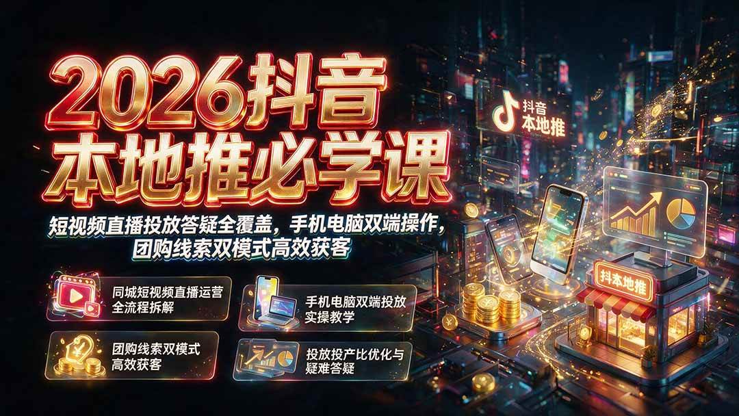 (19618期)2026抖音本地推必学课|短视频直播投放答疑全覆盖,手机电脑双端操作,团购线索双模式高效获客-小栈博客测试网