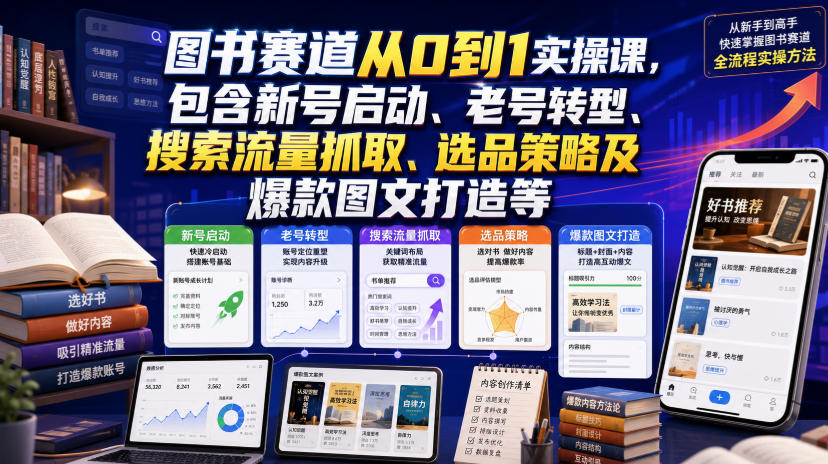 图书赛道从0到1实操课，包含新号启动、老号转型、搜索流量抓取、选品策略及爆款图文打造等-邪修侠 - 演示